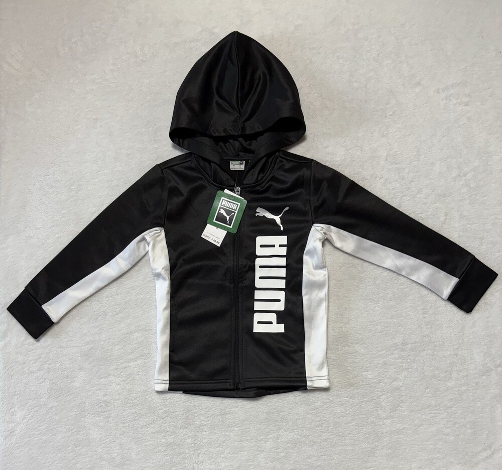 Puma Jacket Boys 5 Black White Hooded Full Zip Athletic Track Youth Kids